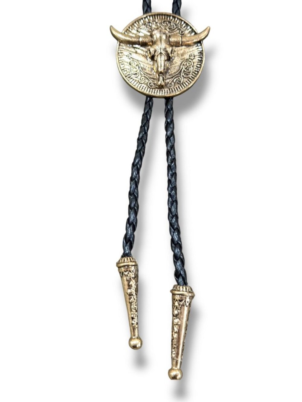 Vintage Gold Longhorn Steer Skull Bolo Tie Round Western Medallion Necklace NWT